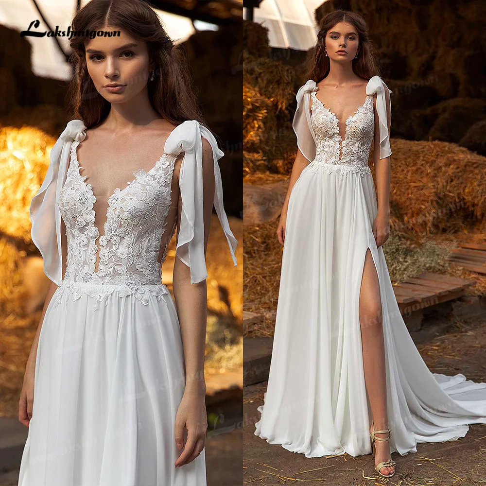 

Sexy Side Slit Boho Wedding Dresses Sweep Train Charming Beach Chiffon A Line Lace Bridal Gowns V Neck vestido de novia 2021