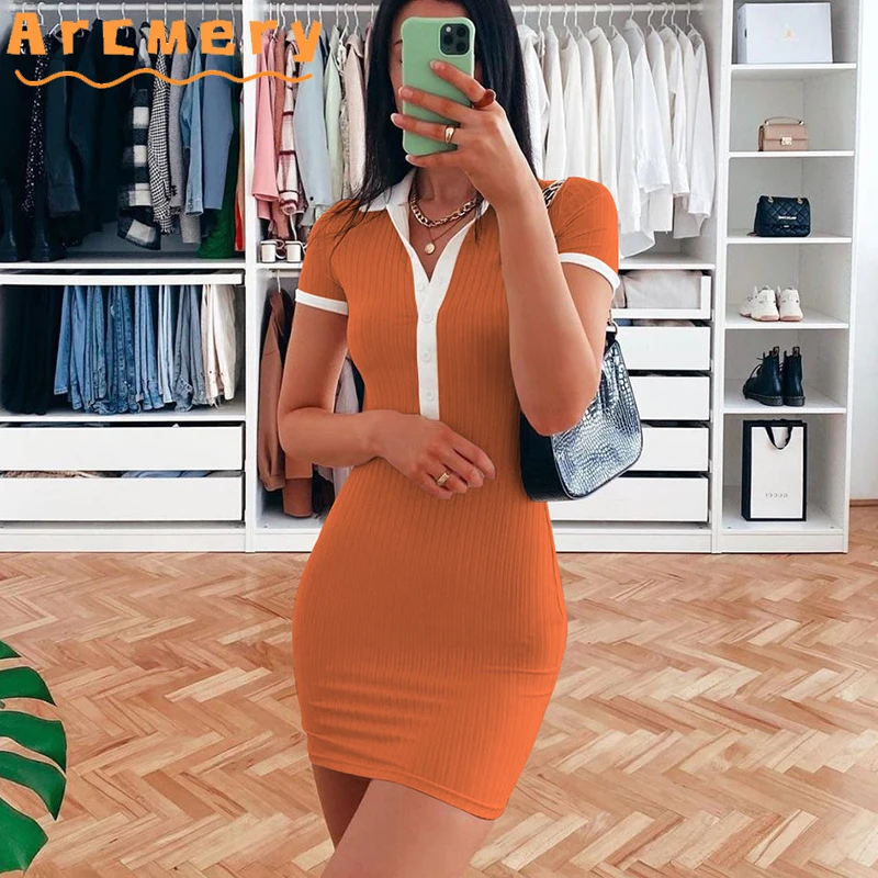 

Women Short Sleeve Turn Down Collar Bodycon Mini Dress