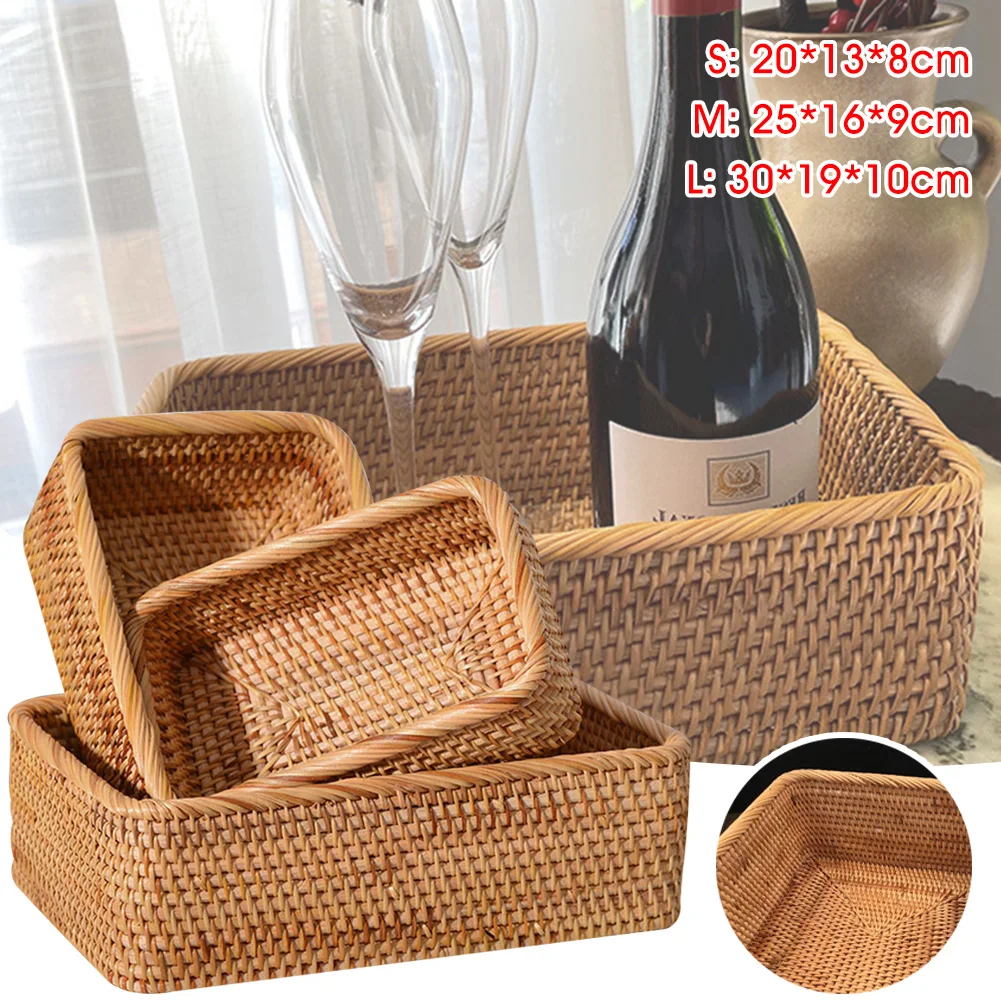 

Rectangular Rattan Baskets Handwoven Storage Serving Basket Organizer Holder Box for Fruit Snack Bread Picnic Kitchen Supplies