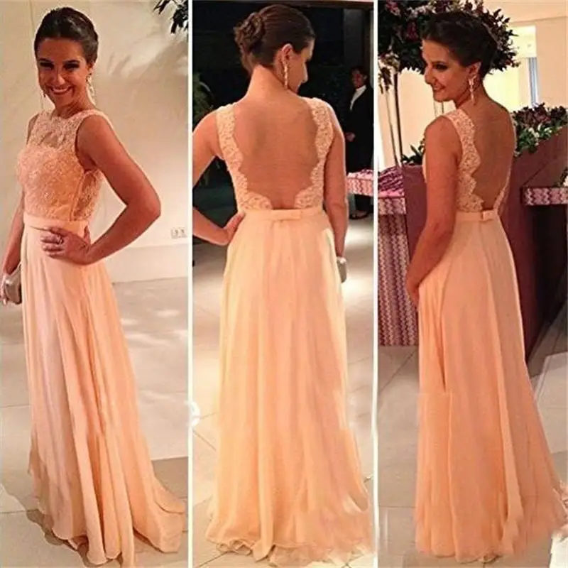 

Free shipping!High quality nude back chiffon lace long peach color for sale bridesmaid dresses wedding maid dress