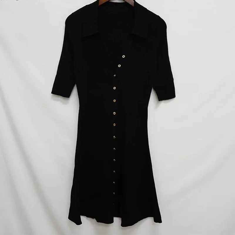 

[DEAT] New Sexy Polo Neck Short Sleeve Black Close Waist Single Breasted Dress Spring And Summer 2021 Women Fashion Skirt GX1145