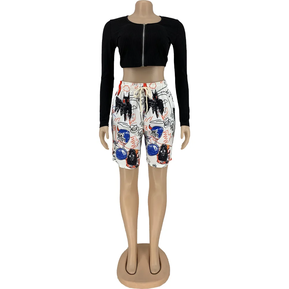 

Graffiti Print Hip Hop Two Piece Outfits for Women Black White Zip-up Long Sleeve Slim Crop Top and Biker Sweatshort Activewear