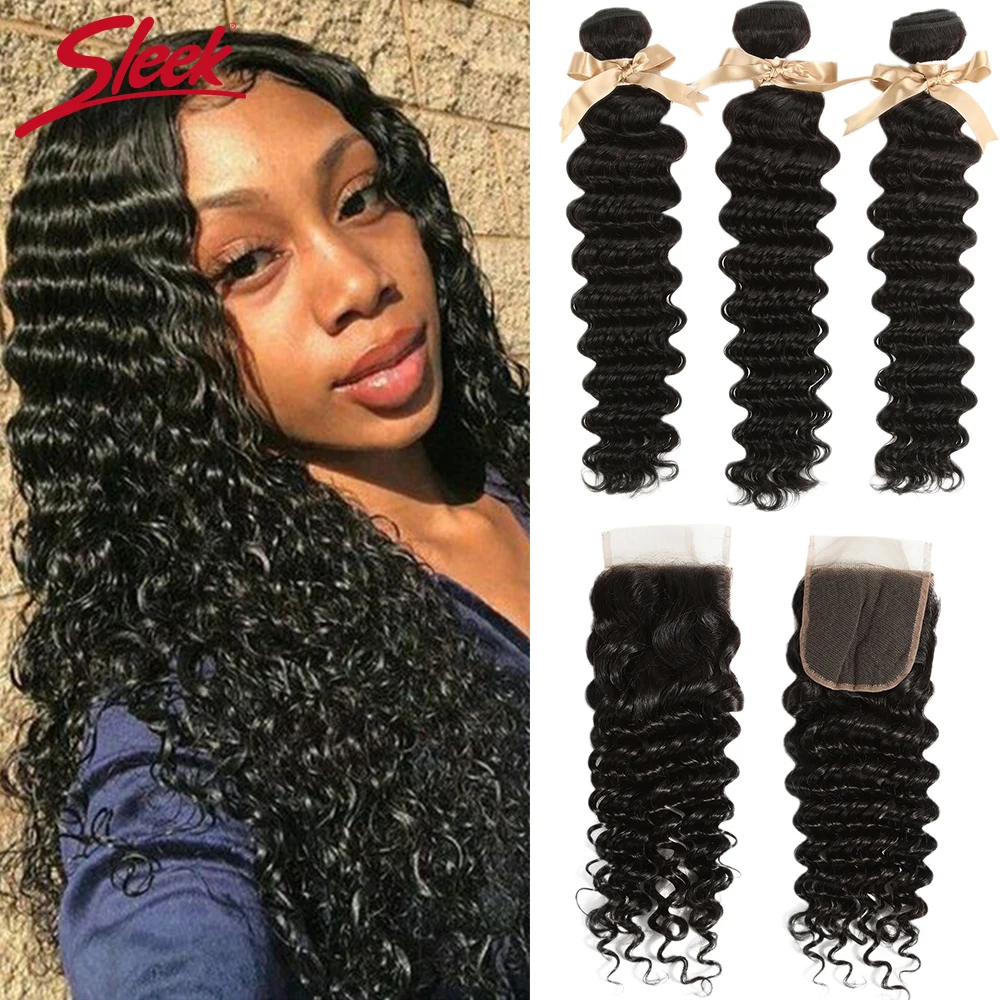 Гладкие волнистые пучки с закрыванием 100% бразильские волос 28 дюймов 3 пучка