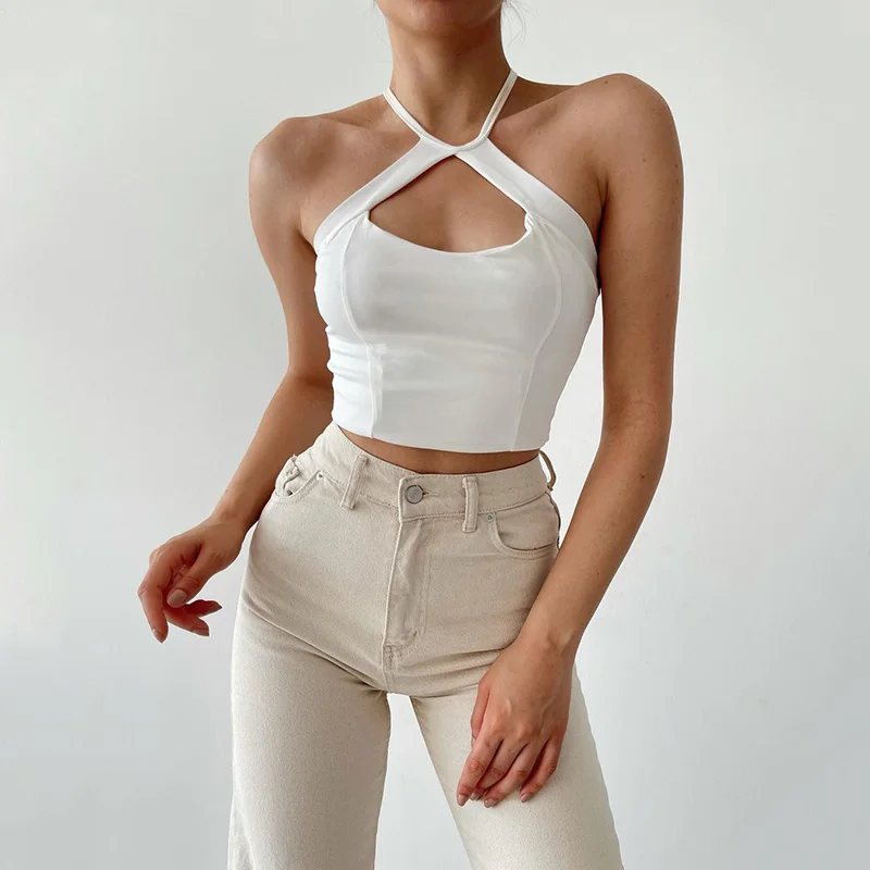 

2021 Halter Hollow Out Criss Sleeveless Basic Camisole Front Backless Summer Sexy Slim Cropped Top Women Clubwear New