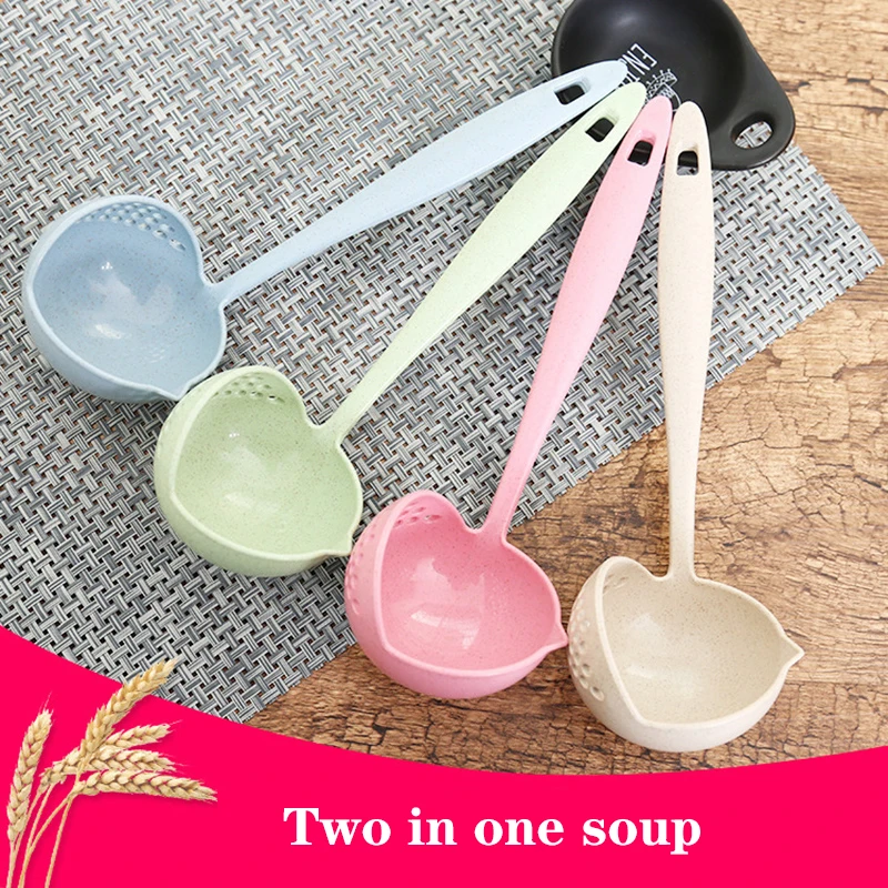 

2 in 1 tablespoon long handle kitchen filter solid color cooking colander kitchen spoon plastic tableware colander hot sale