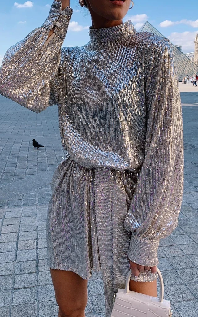 

2021 Spring And Summer New Women's Casual Sexy Short Skirt Sequin Skirt High Neck Nightclub Party Dress