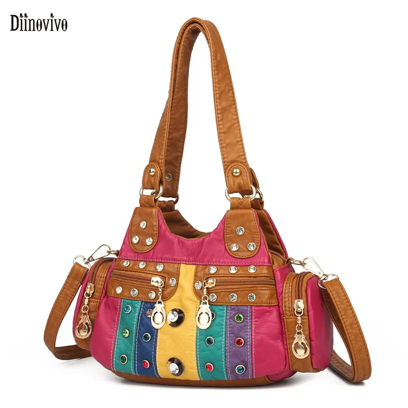 

Diinovivo Female Handbag Small Vintage Diamond Rivet Shoulder Bag 2022 Wash PU Leather Women Bag Panelled Crossbody Bag WHDV1794