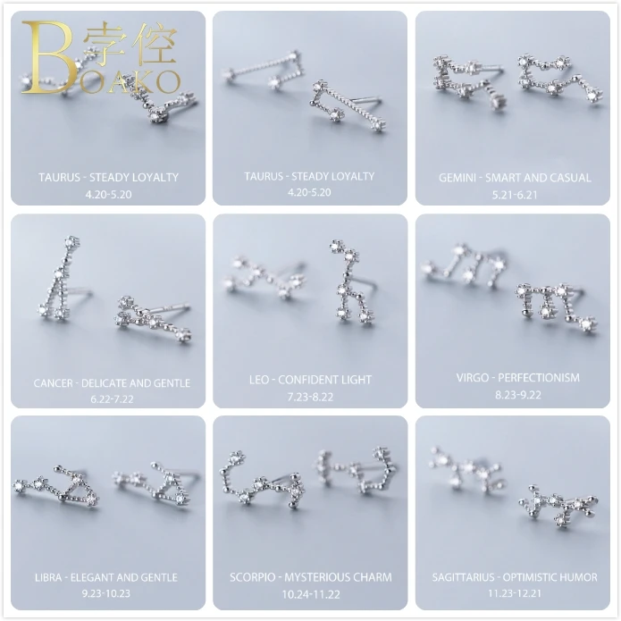 925 пробы серебряные серьги для женщин знаки Зодиака массивные циркониевые