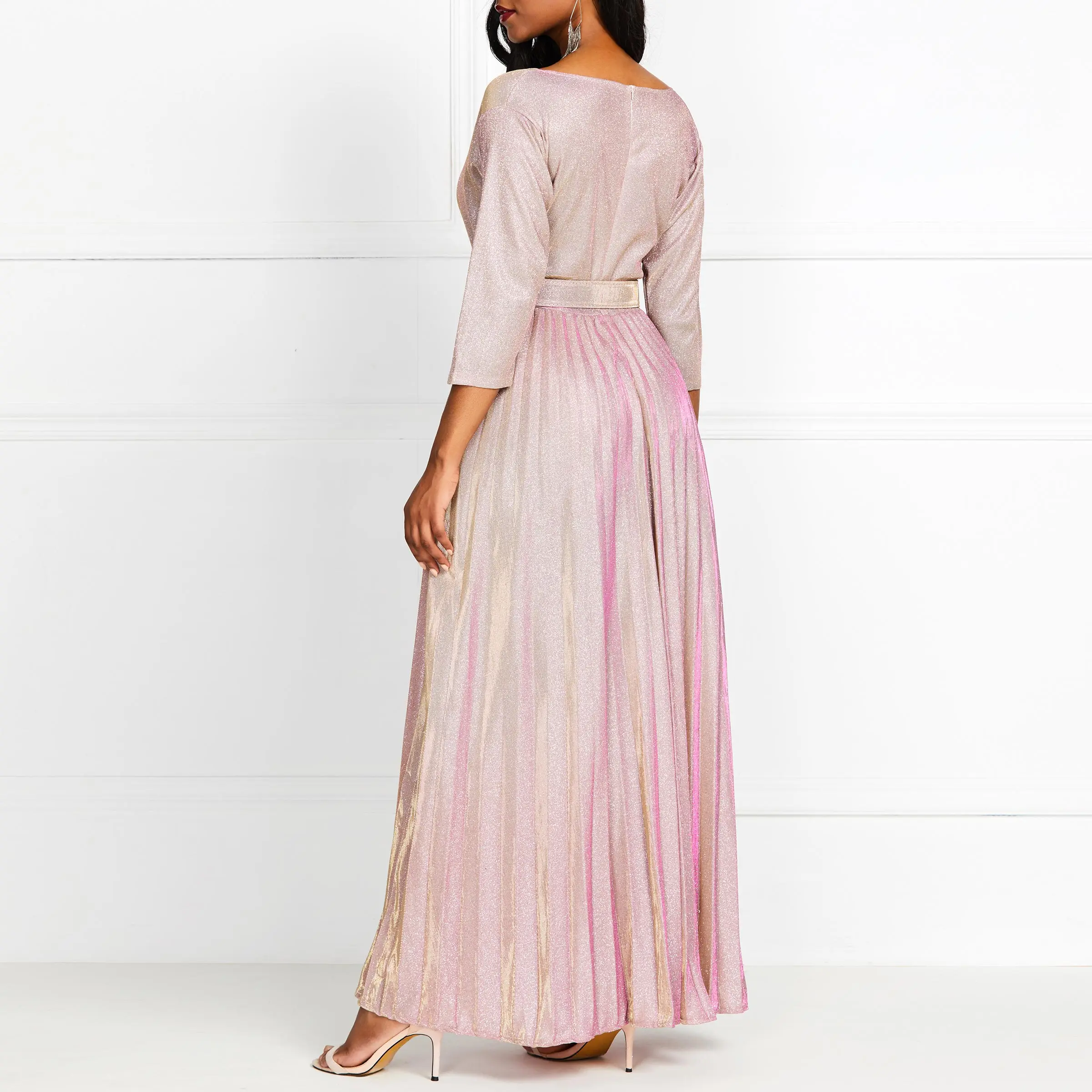 Женское длинное плиссированное платье вечернее с высокой талией и поясом