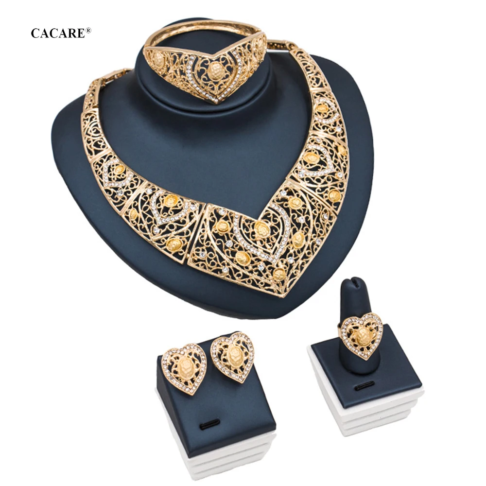 

Luxury Dubai Gold Jewelry Sets Women Big Necklace Earring Set Indian Jewellery 4 Pieces Set F1186 Rhinestone Party Jewels CACARE