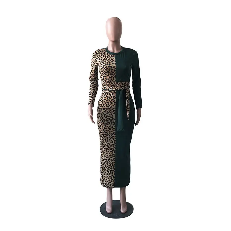 HAOYUAN леопардовое Платье макси с длинным рукавом бодикон Vestidos размера плюс одежда элегантные сексуальные вечерние осенние платья для ночного клуба - Цвет: dark green