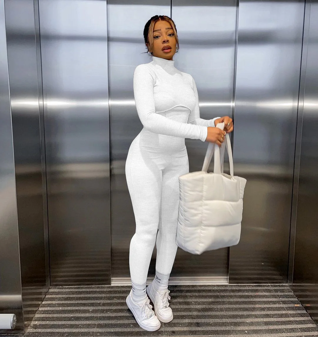 

Echoine Autumn Winter Turtleneck Ribbed Jumpsuit Skinny Bodycon Sexy Rompers Club Outfits for Women Fitness Overalls Mono Mujer