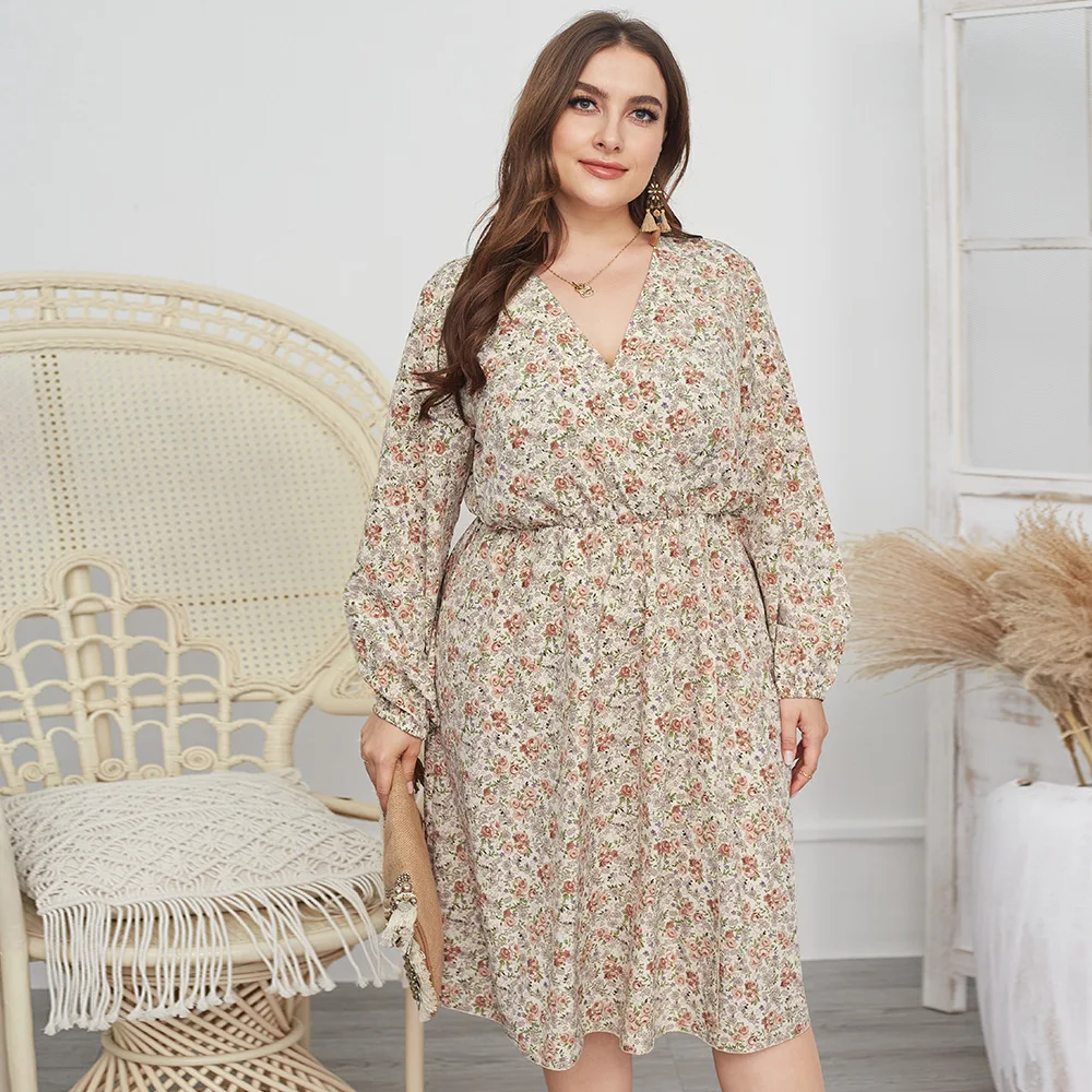 

Plus Size Fashion Floral Print Women Dress 2021 New Summer Long Sleeve Chiffon Dress Elegant V Neck French Style Party Dress