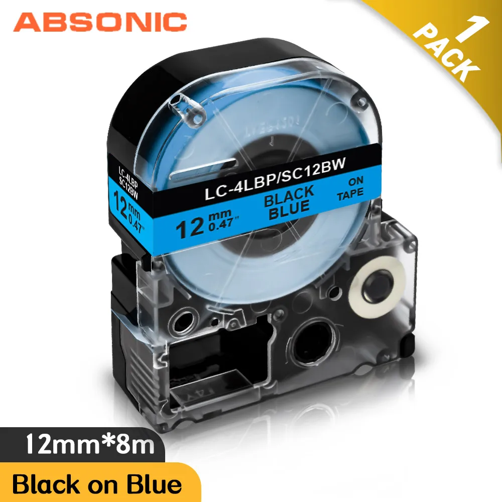 

Absonic 12mm Label for Epson Tape SC12BW LK-4LBP Black on Blue Labeling Ribbon for EPSON LW-300 LW-400 LW-600P Label Maker