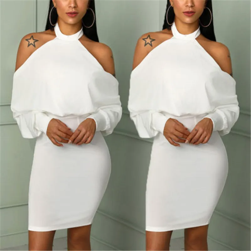 

Women's Off Shoulder Halter Dress Sexy Backless Long Sleeve Evening Party Club Short Mini Pencil Dress Batwing Sleeve Dresses