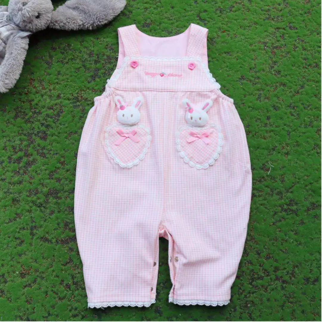 

Baby girl spring cute plaid playsuits kidssweet lolita style rabbit pocket overalls