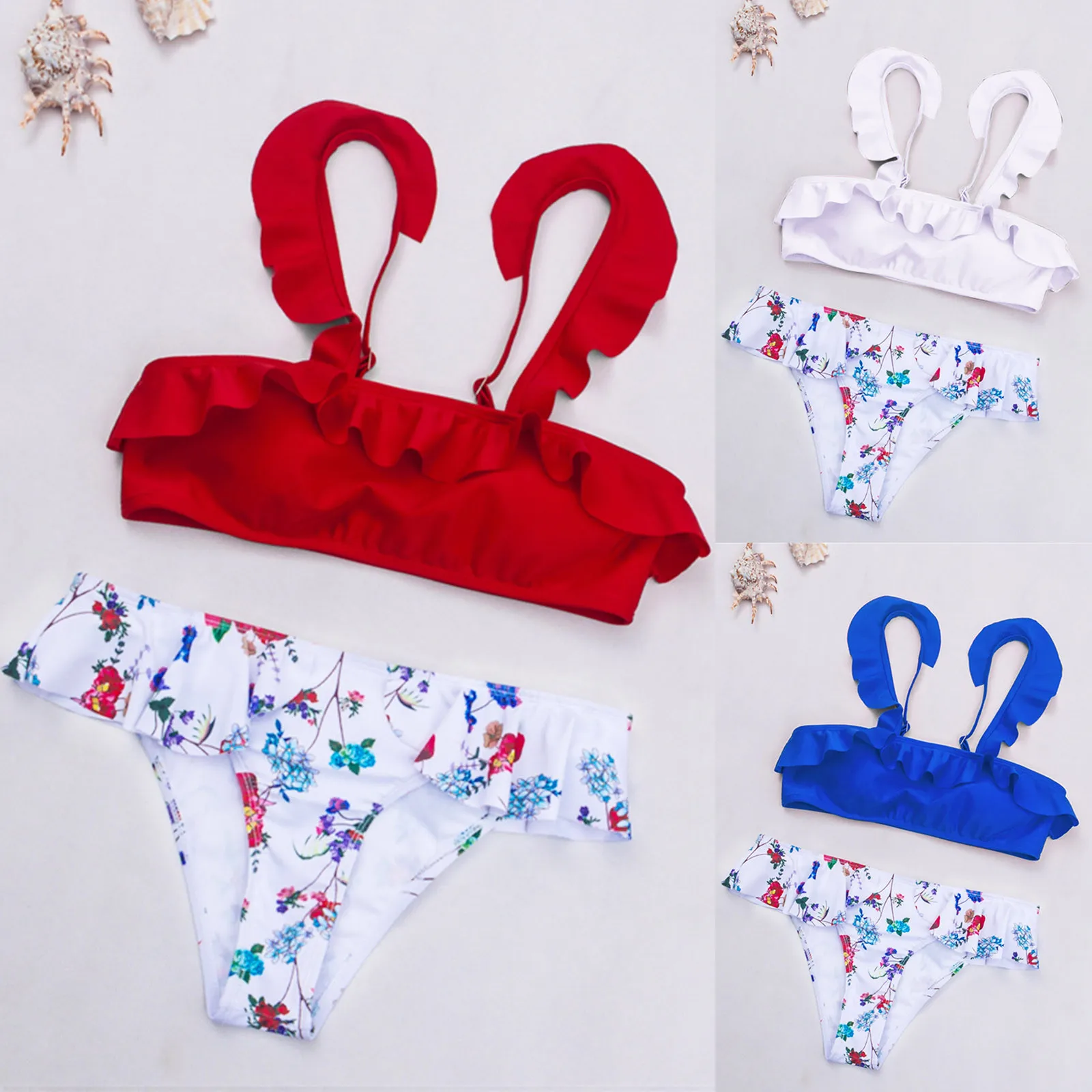 

Summer Female Two-piece Bikini Sexy Concise Swimsuit Sexy Ruffle Print Floral Two Piece Padded Bra Straps Swimsuit Dropshipping
