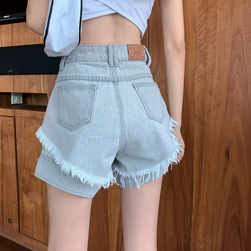 

Women's Fake Two Pieces High Waist Solid Hot Shorts Female Street Style A-line Thin Blue Denim Shorts All-Match Goth 2021 Summer