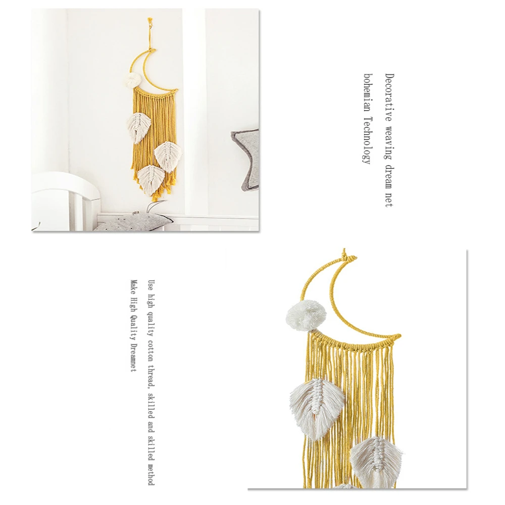 

Yellow Macrame Wall Hanging Moon Dreamcatcher Boho Handmade Woven Leaves Tapestry Home Decor For Kids Room Party