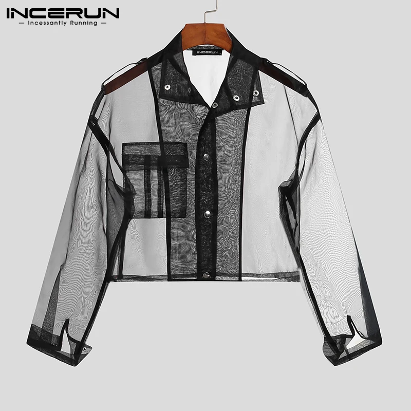 

INCERUN Fashion Men Mesh Shirt See Through Lapel Long Sleeve Sexy Streetwear Button Crop Tops 2023 Party Nightclub Camisas 5XL