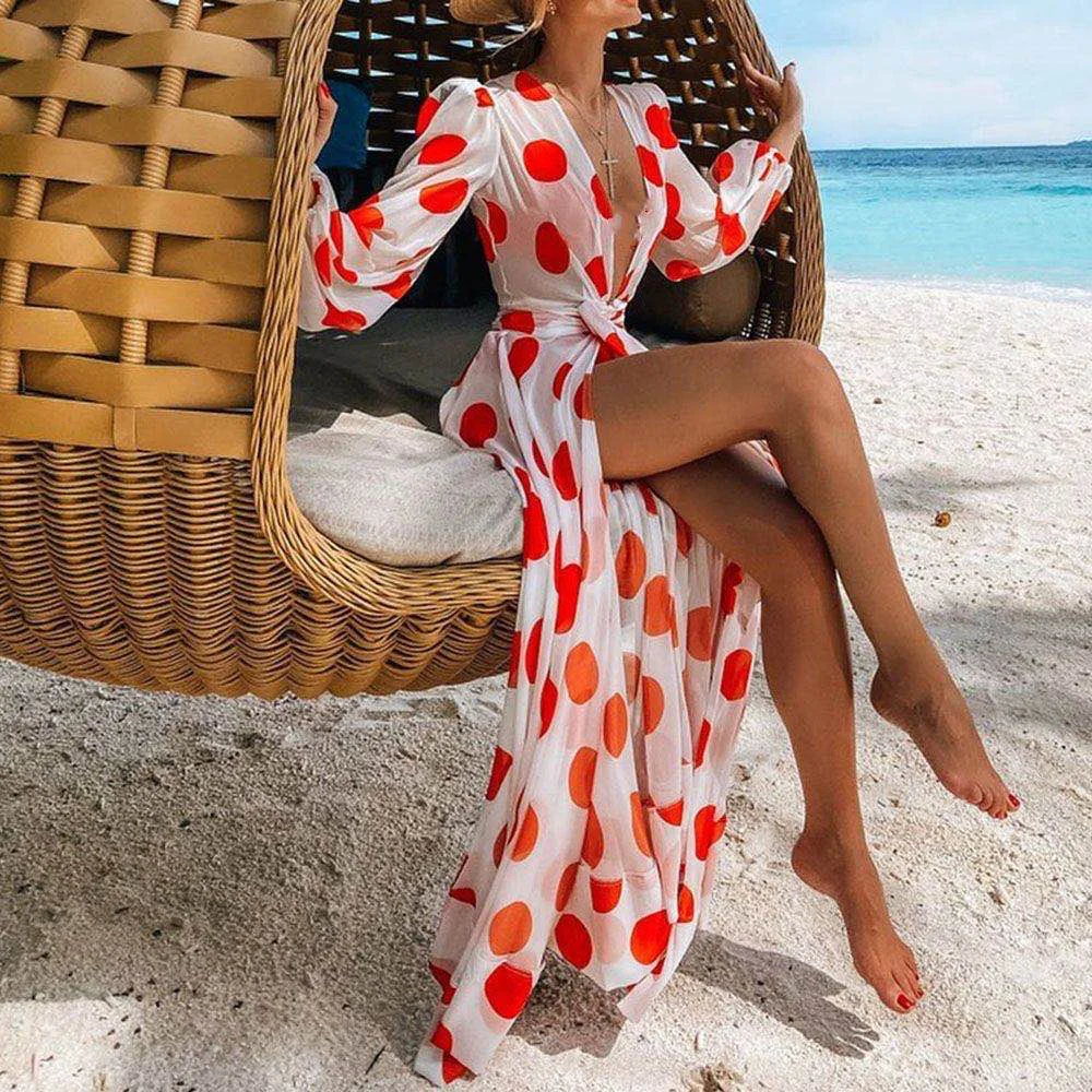 Hot Sale Women White Beach Dress Female Sexy Polka Dot Print Long Dress Boho Deep V Neck Maxi Dress Femme Vestidos