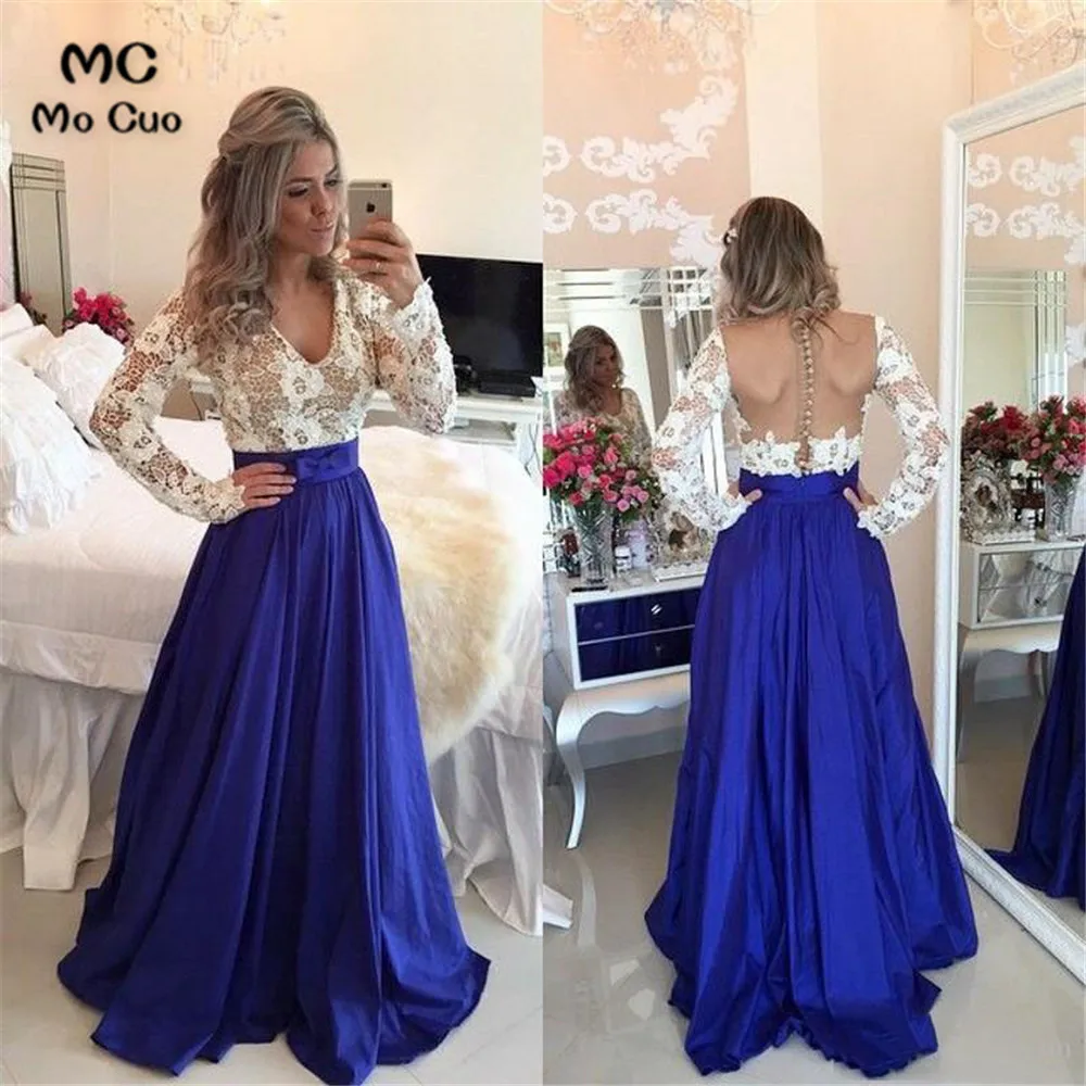 

Long Sleeve A Line Prom Dresses 2020 Lace V Neck Satin Button Back Evening Party Gowns vestidos de gala vestidos de fiesta