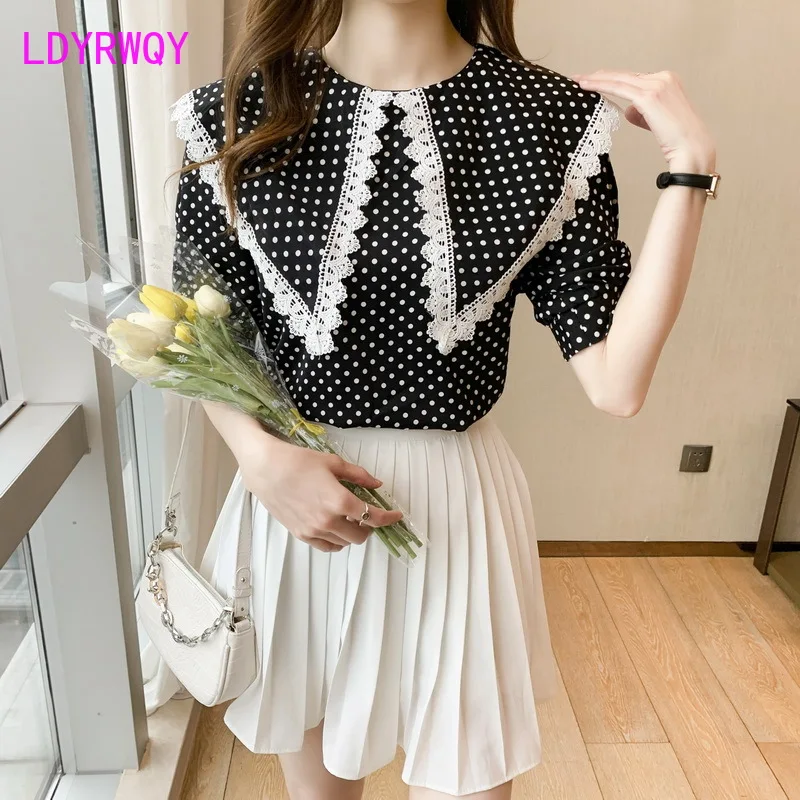 

LDYRWQY Lace stitching doll collar polka dot short sleeve 2021 summer Korean version of the new fashion slim chiffon shirt