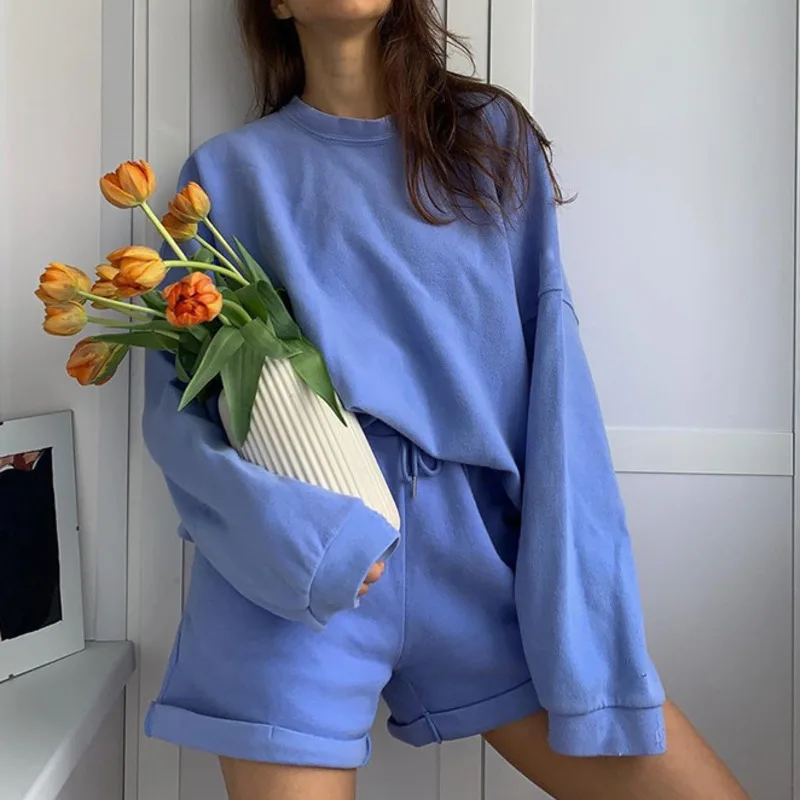 

Women's Tracksuit Oversize Solid Long Sleeve O Neck Sweatshirts & Elastic Lace Up Shorts Sportswear 2020 Autumn Two Piece Set