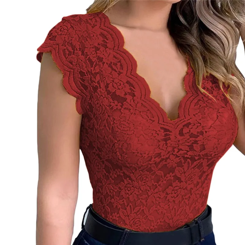 

S-5XL Lace Blouses Shirts Sexy Club Female Acrylic Shirts Deep V Summer Fashon Tops Lace Sexy V Neck Sleeveless Fashon Top