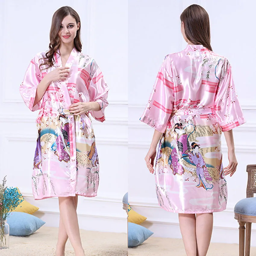 Халат женский атласный легкий пижама в японском стиле юката с поясом Этническая