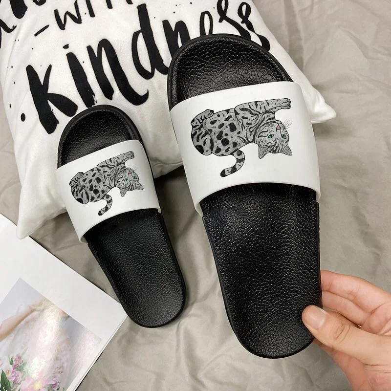 

Sandals For Women 2021 Home Slippers Cute Grey Cat Pattern Bathroom Soft Sole Flip Flops Ladies Beach Flat Non-slip Slides 41