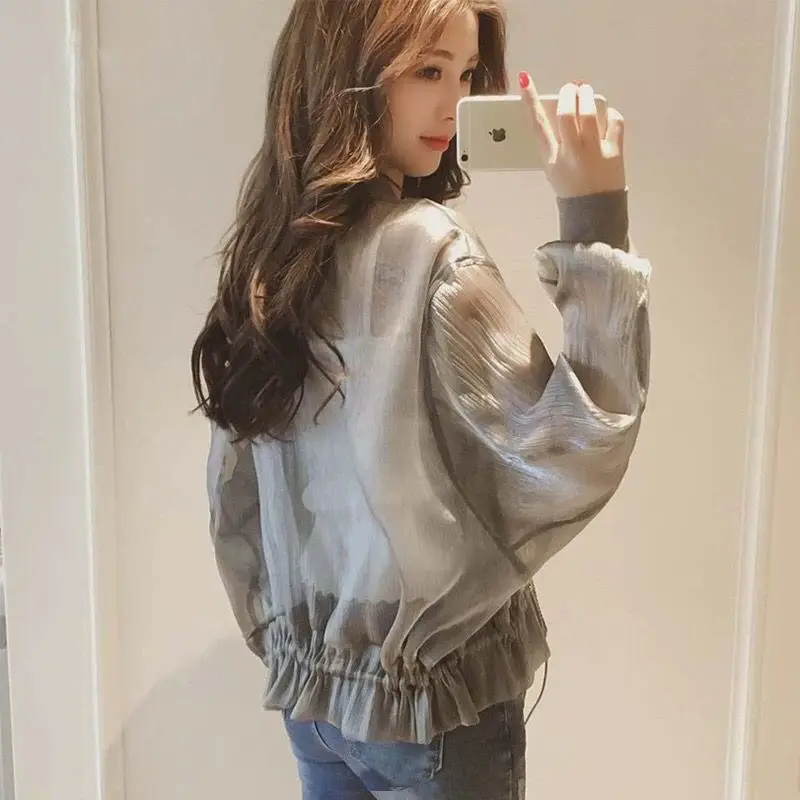 

Thin sunscreen women's summer Korean style thinner baseball uniform loose blouse spring and autumn bright silk zipper jacket