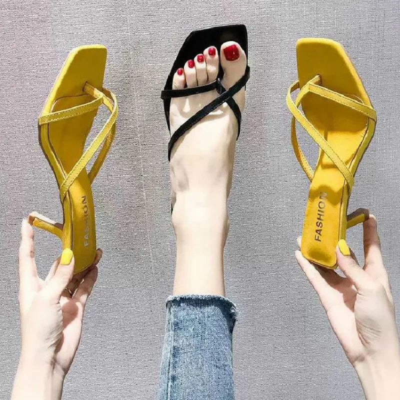 

2020 Summer New Korean Version of The Set Toe High-heeled Sandals Fashion Wild Thin with Square Head Fairy Woman Word Clip Toe