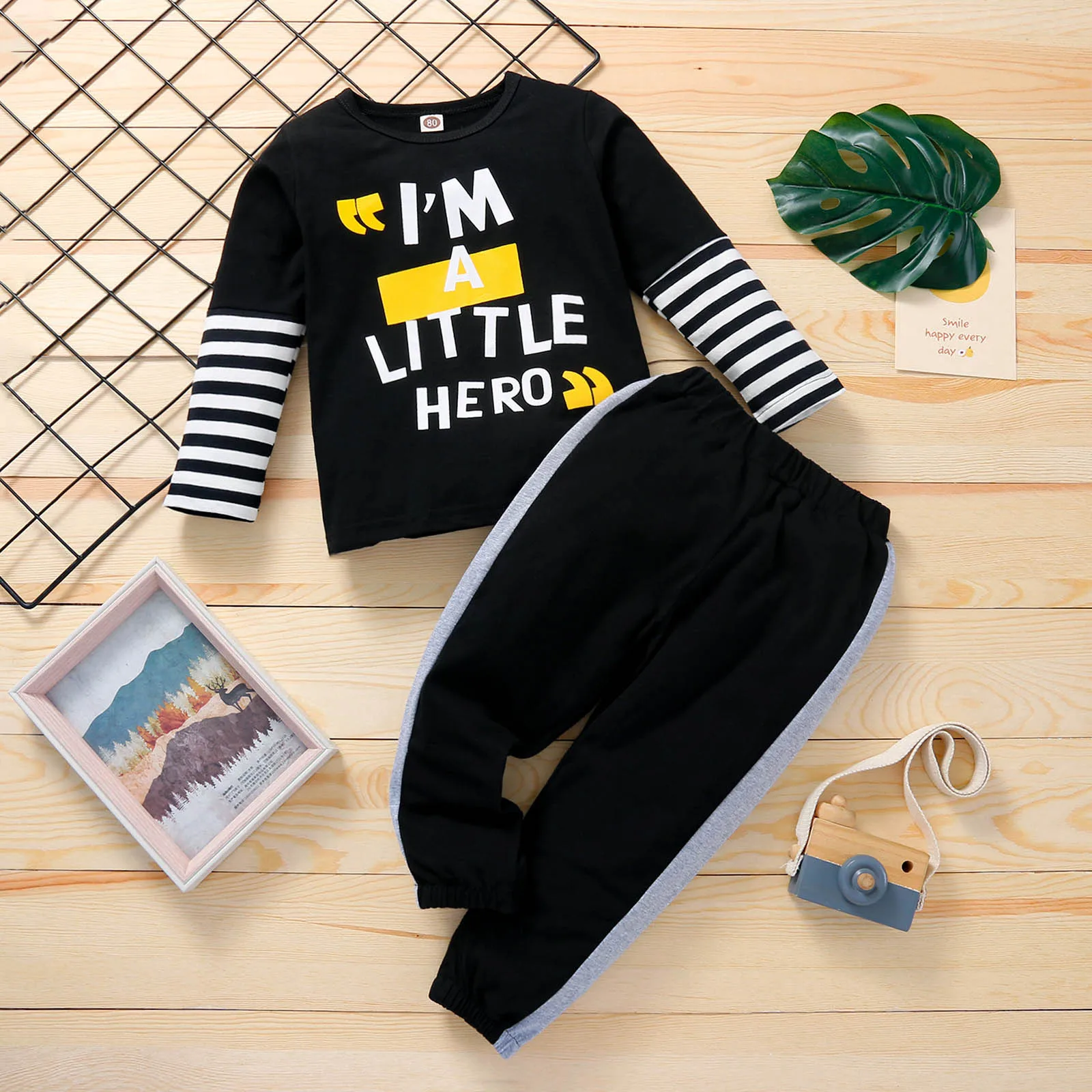 

2Pcs 18Month-5year Children Boys Casual Autumn Clothes Set,Baby Boys Letters and Stripe Printed Pattern Pullover and Trousers