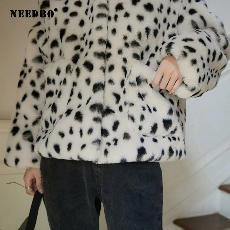NEEDBO Faux Fur Coat Women Jacket Leopard Streetwear Warm Teddy Jacket Coat Oversize 2020 Outerwear Soft Fluffy Jacket Women