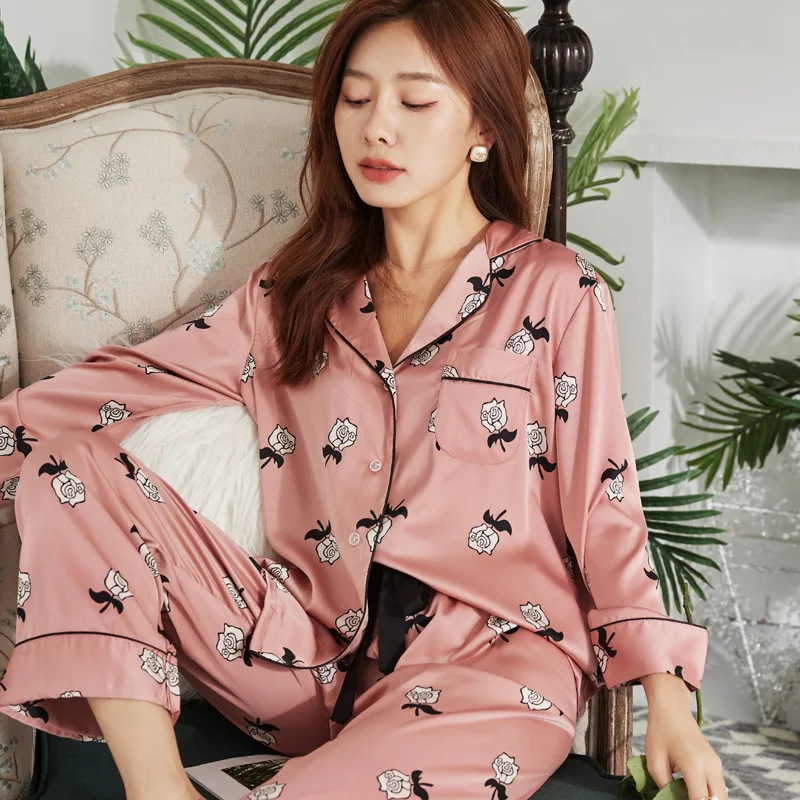 

Floral Sleepwear Thin Long Sleeve Pajamas Set Pink Silk Satin Roomwear 2 Piece Pajama Set Women Vetement De Nuit Femme