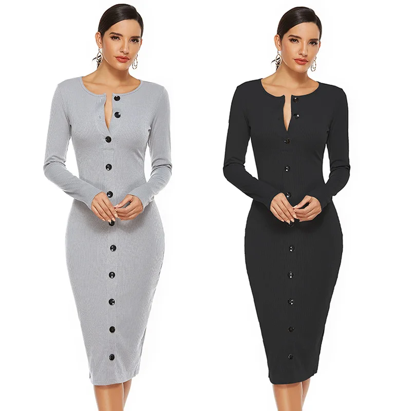 

Women Skinny Sexy Dresses Autumn Long Sleeve Button Knitted Mid-calf Dress Black Gray Stretch Pencil Dress Long Vestidos