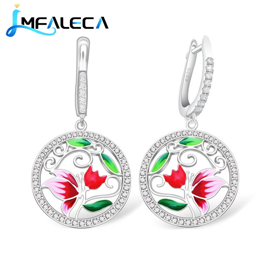 LMFALECA Silver Drop Earrings for Women 925 Sterling Silver Jewelry Red Green Enamel Plant Fine Party Wedding Luxury Jewelry