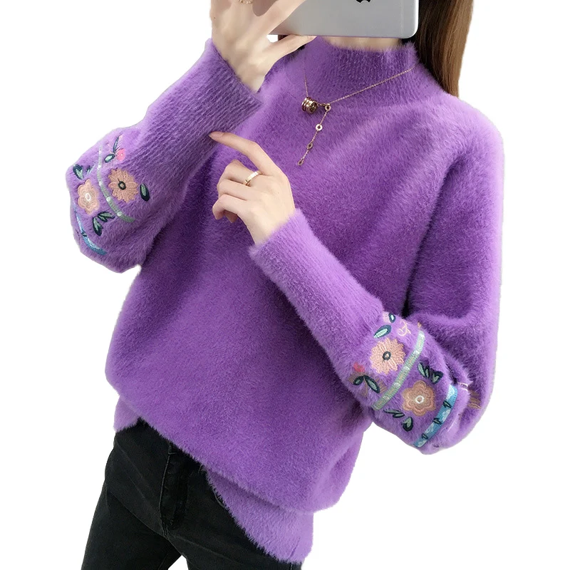 Новинка 2019 Зимний пуловер с вышивкой свитера женские бархатные вязаные из норки