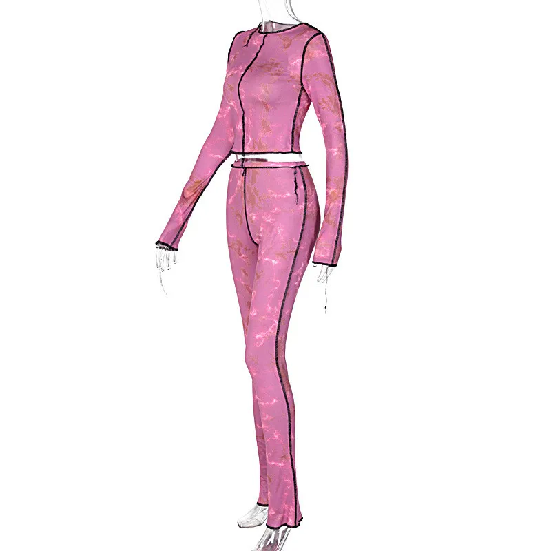 

CHRONSTYLECasual Patchwork Tie Dye Workout 2 Piece Women's Set Long Sleeve Sporty Bodycon Crop Tops Pants Tracksuits Outfits