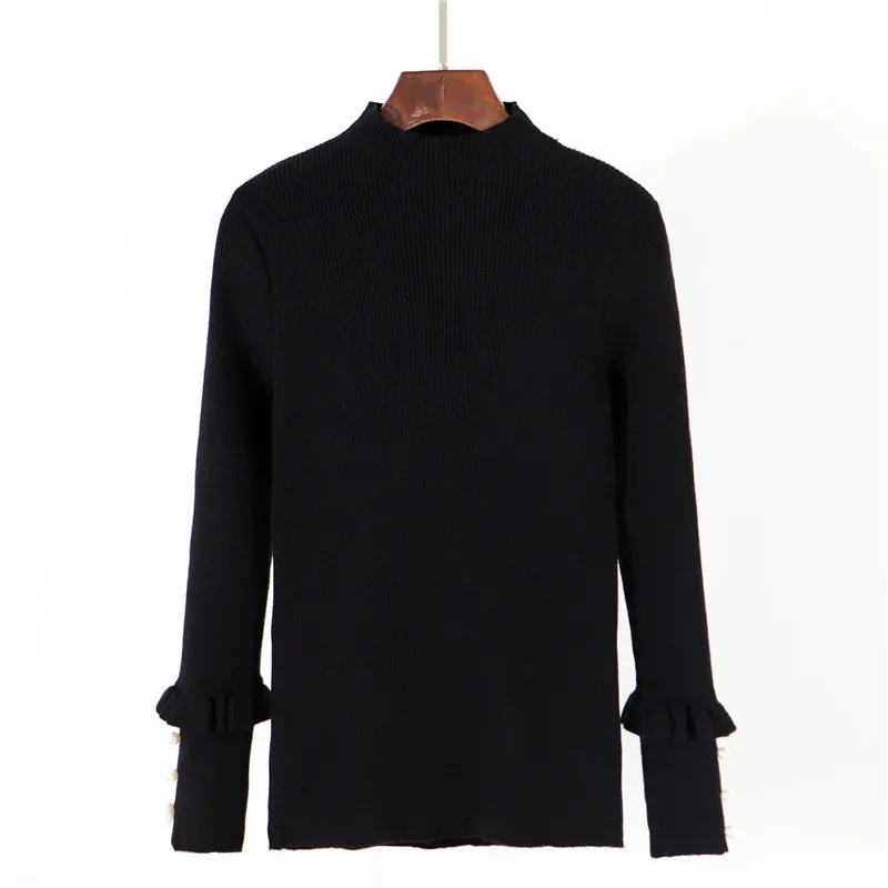 

2020 New Autumn Temperament All-match Knitwear Women's Lace Sleeve Beaded Pullover Long Sleeve Half High Neck Slim Fit Sweater