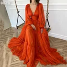 Платье А-силуэта для выпускного вечера с длинными рукавами 2021, оранжевое Модное шифоновое платье с глубоким V-образным вырезом, великолепные официальные платья