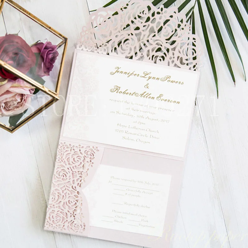 50 шт. пригласительные открытки в форме румян-розовых роз с конвертом свадебные