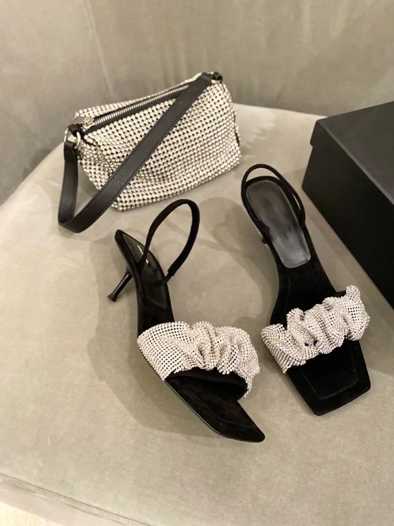 

brand designer lady crystal Slingback stiletto high heels sandals black suede new ladies fashion sandals with diamond decoration
