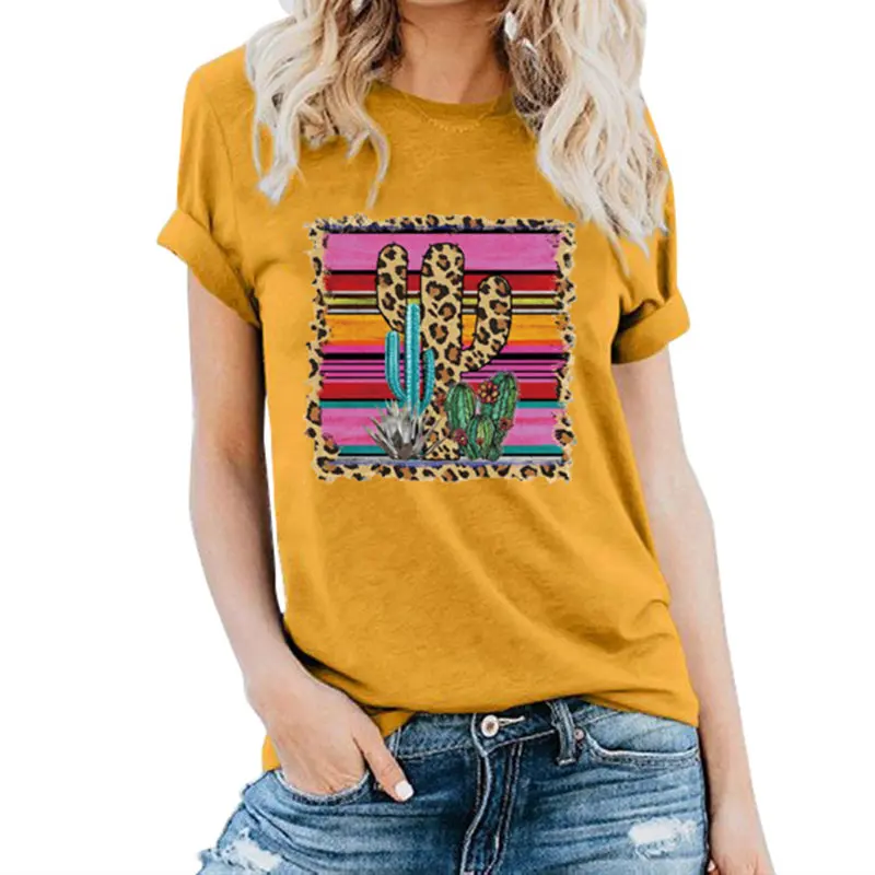 

Women Cactus Leopard Stripes Print Casual Ladies Slogan Letters Tee Streetwear Crew Neck Graphics Top Summer T-Shirt