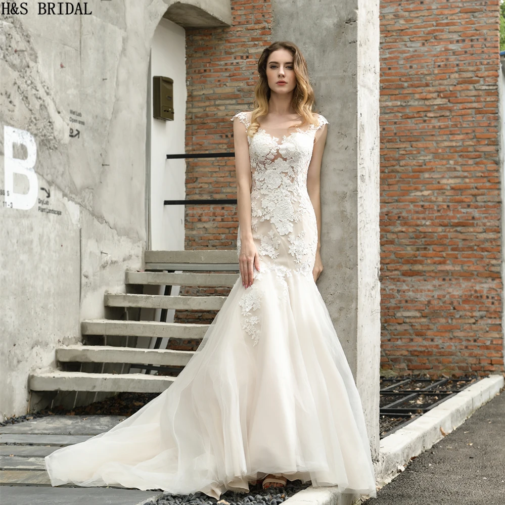 

H&S BRIDAL Sexy Lace mermaid wedding dresses Ivory Champagne O Neck Wedding Gown 2020 wedding dress boho simple vestido de noiva