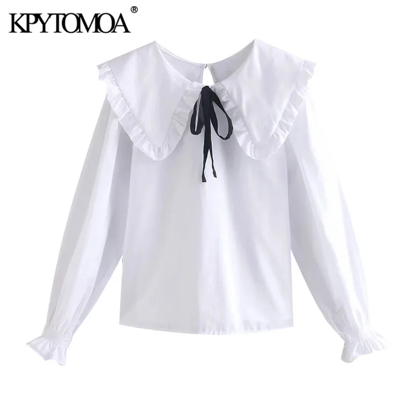 

KPYTOMOA Women 2021 Sweet Fashion With Bow Tied Loose Blouses Vintage Peter Pan Collar Long Sleeve Female Shirts Chic Tops