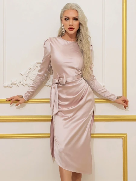 

CY Autumn Fashion Long Sleeve Sexy Satin Dress Evening Party Women Cocktail Female Dresses Ladies Open Fork Ruched Clothing