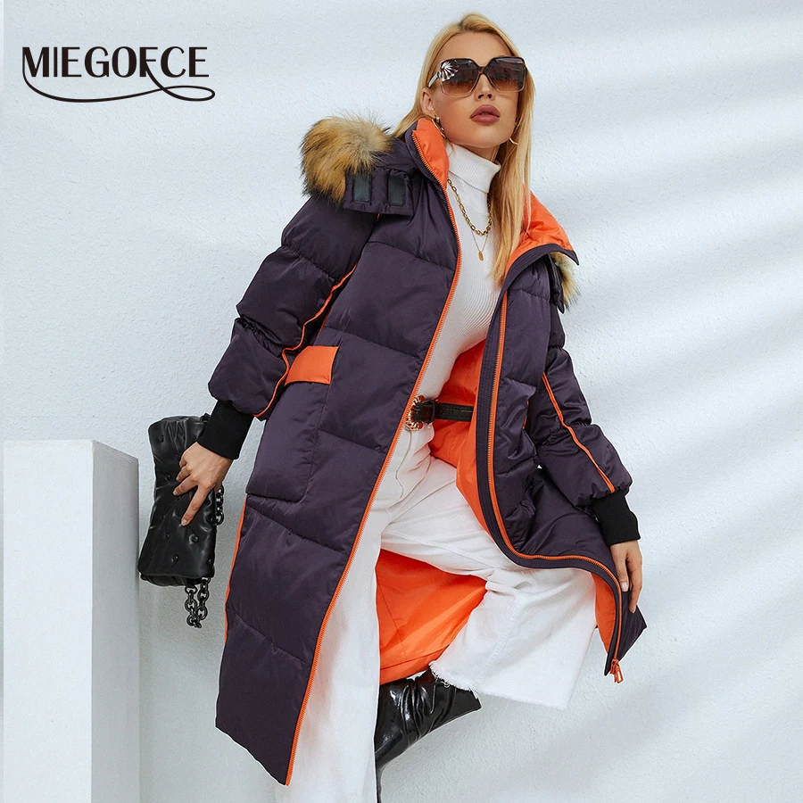 

MIEGOFCE 2021 Autumn Winter Women Long Jacket Hood with Fake Fur Collar Parka Fancy Design Pockets Coat Female Outerwear D21518