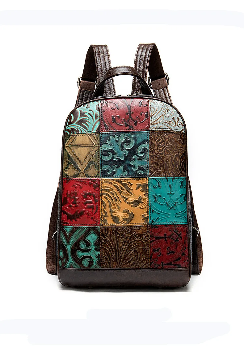 Винтажный красочный платный рюкзак из натуральной коровьей кожи для